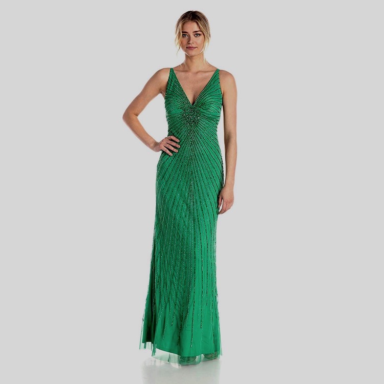 Vintage Adrianna Papell Evening Green Silk Beaded Sleeveless Dress Size 8