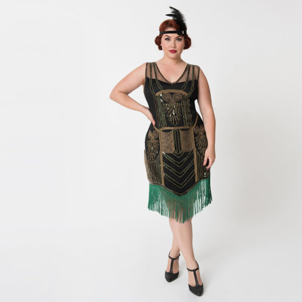 Gold, Black + Green Fringe Flapper Dress | Deco Shop