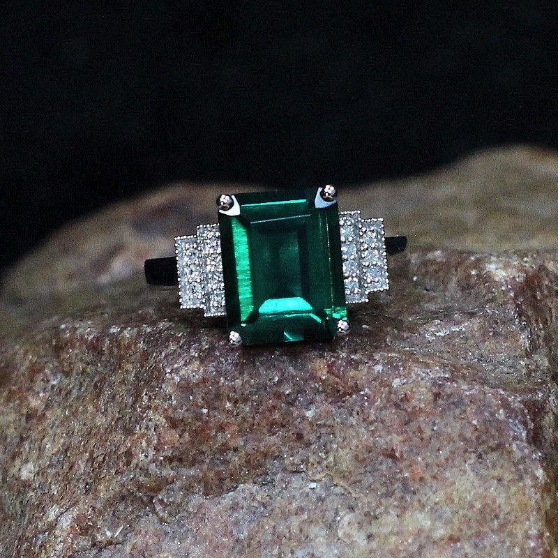 Diamond Emerald Art Deco Engagement Ring