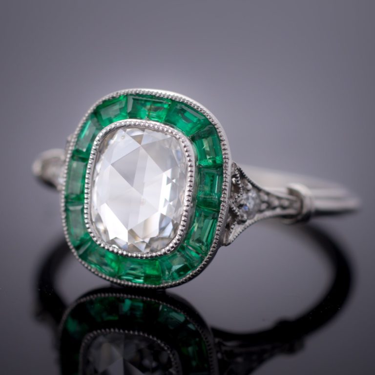 Art Deco Diamond + Emerald Halo Ring | Deco Shop