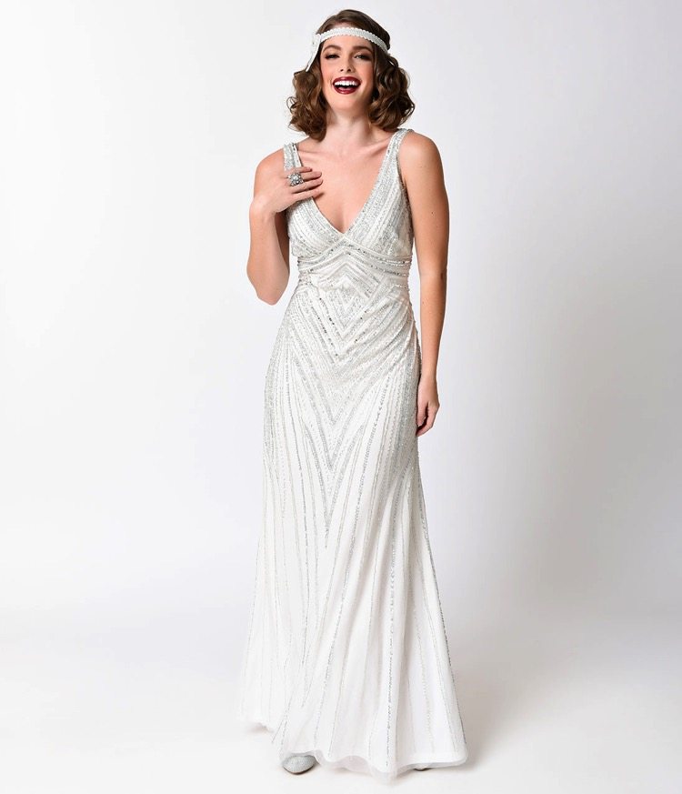 White Silver Art Deco Wedding Dress Deco Shop